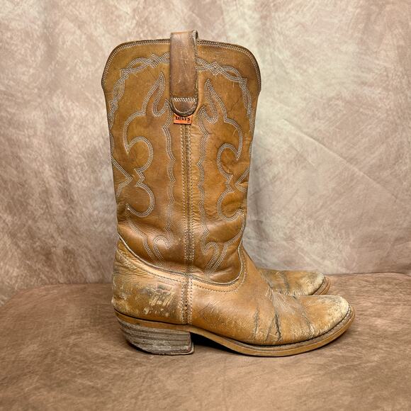 Vintage 70s Levi's Orange Tab Leather Calf High Walking Cowboy Boot Embroidered - Picture 6 of 9